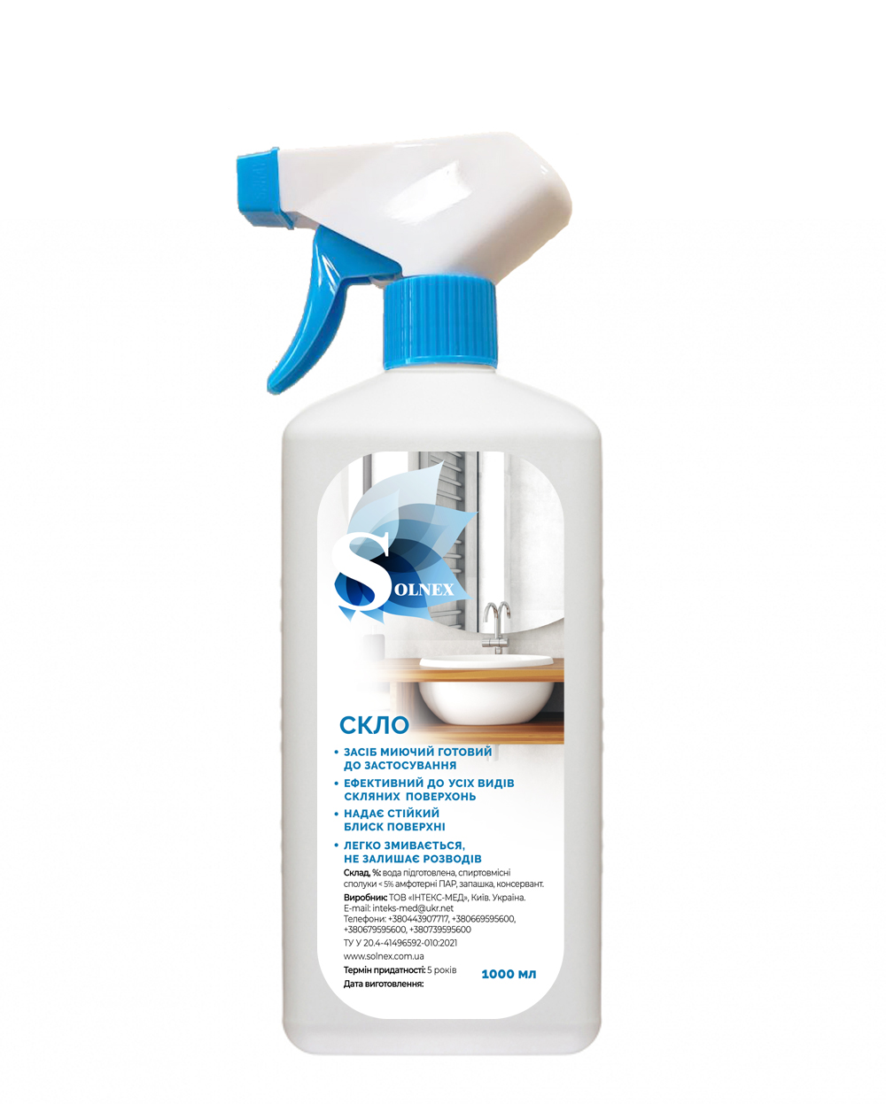 Засіб для миття всіх видів скла SOLNEX скло, 1000 мл з розпилювачем